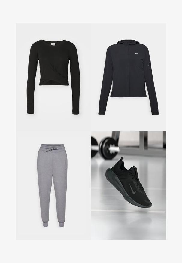 Fekete kapucnis dzseki hosszú ujjakkal, könnyű anyagból készült. Elülső cipzárral, Nike logóval és diszkrét dizájn elemekkel rendelkezik.; Fekete, hosszú ujjú, rövid fazonú felső, sima anyagból készült, derék körüli csomózással és kerek nyakkal. Minimalista stílus, minta nélkül.; Szürke, tapered fazonú melegítőnadrág húzózsinórral a derékrészen, elasztikus mandzsettákkal és egy diszkrét Nike logóval a bal combon. Puha, textúrált anyag.; Fekete sportcipő Nike logóval, amely a levegőben látható az edzőterem padlóján, a háttérben elmosódott kézi súlyzó állvánnyal.