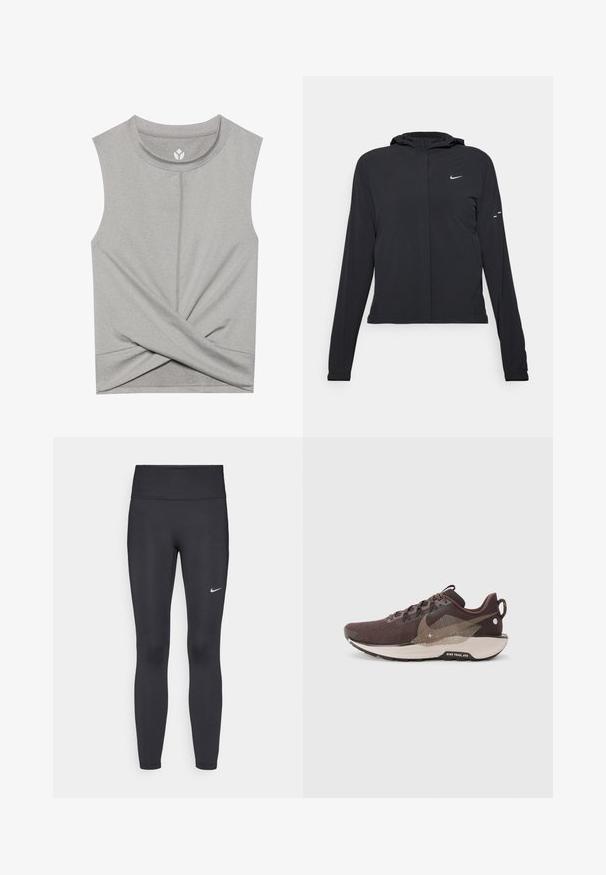 Melnā kapuci jaka ar garām piedurknēm, izgatavota no viegla materiāla. Tam ir priekšējais rāvējslēdzis, Nike logo un smalki dizaina akcenti.; Pelēks bez piedurknēm tops ar apaļu kakla izgriezumu, priekšpusē ar savītu dizainu un plakanām šuvēm komfortam. Mīksts, elastīgs audums.; Melnas legingi, izgatavoti no elastīga auduma, ar augstu jostu un baltu Nike logotipu kreisajā augšstilbā. Gluda tekstūra, piegulošs dizains.; Tumši brūni skriešanas apavi ar teksturētu acs augšdaļu, kontrastējošiem gaiši brūniem akcentiem, segmentētu zoli un atstarojošiem elementiem.