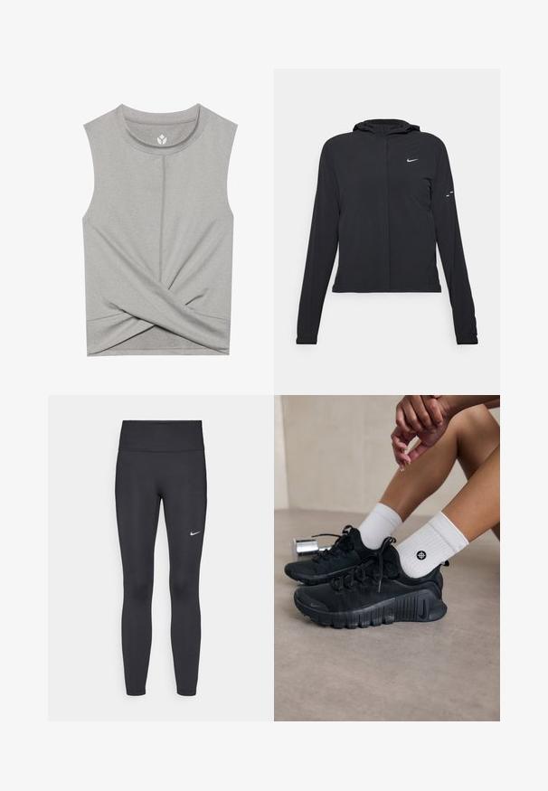 Svart hettegenser med lange ermer, laget av lett materiale. Har glidelås foran, Nike-logo og subtile design detaljer.; Grå ermeløs topp med rund hals, med en vridd design foran og flate sømmer for komfort. Myk, elastisk stoff.; Sorte leggings laget av elastisk stoff, med høy livlinje og en hvit Nike-logo på venstre lår. Glatt tekstur, kroppsnær passform.; Svarte idrettssko med teksturert stoff, snøring og en fremtredende såle, sammen med hvite ribbestrikkede sokker med en liten logo.