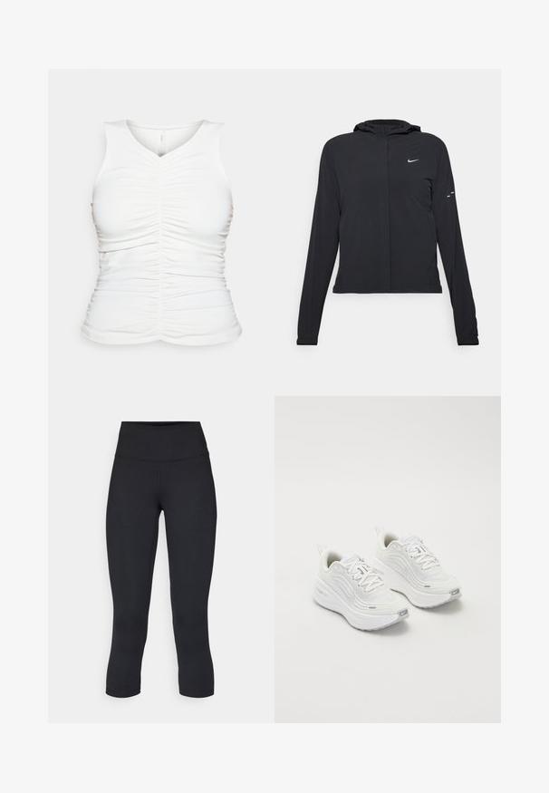 Juodas gobtuvas striukė su ilgomis rankovėmis, pagaminta iš lengvo audinio. Pasižymi priekiniais užtrauktukais, Nike logotipu ir subtiliais dizaino akcentais.; Balta be rankovių palaidinė su sukaupta detale priekyje ir šonuose. Minkšta, lygi tekstūra; v formos iškirptė; prigludusi siluetas.; Juodos apkarpytos legginsai, pagaminti iš tamprios medžiagos, su aukšta juosmens linija ir glotnia tekstūra, be matomų raštų ar detalių.; Baltieji sportiniai batai su tekstūruota tinklelio viršutine dalimi, paminkštintu padu ir subtiliais pilkais akcentais. Yra prekės ženklas ir kilpa kulne, skirta lengvam užsidėjimui.