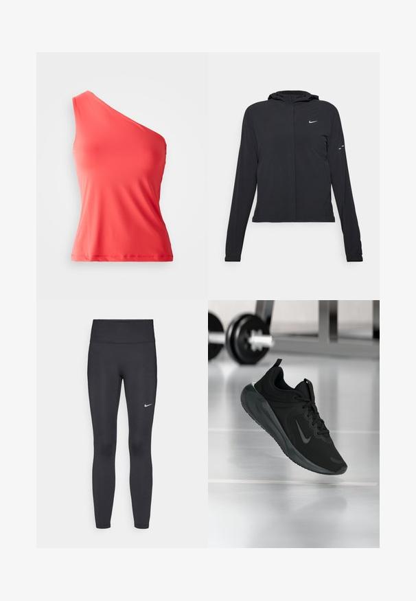 Must musta kapuutsiga jakk, millel on pikad varrukad ja mis on valmistatud kergetest materjalidest. Omab esitaskut, Nike logo ja kergelt silmatorkavaid disainiaktsente.; Asümmeetriline korallikaelusega tank-top, mis on valmistatud siledast ja venivast kangast, üheahelalise õlavarre ja sobiva silueti kannab.; Mustad mustadest leggingid, mis on valmistatud venivast kangast, kõrge vöökoha ja valge Nike logo abil vasakul reiel. Sile tekstuur, keha järgiv disain.; Mustad mustang spordijalatsid Nike logo'ga, õhus spordisaali põrandal, häguste hantlite riiulitega taustal.