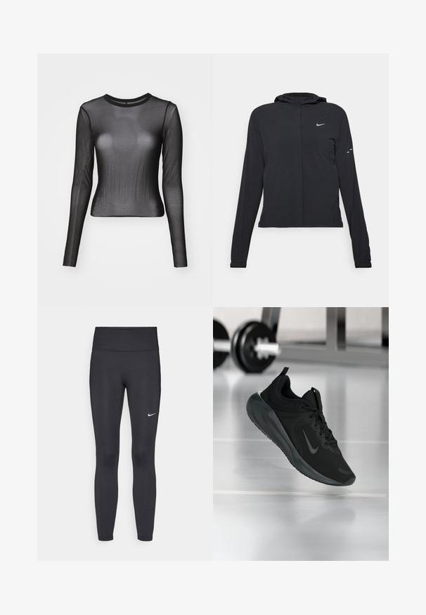 Fekete kapucnis dzseki hosszú ujjakkal, könnyű anyagból készült. Elülső cipzárral, Nike logóval és diszkrét dizájn elemekkel rendelkezik.; P.E Nation DISCOVERY LONG SLEEVE TEE - Hosszú ujjú felső - black; Fekete leggings elasztikus anyagból, magas derékkal és fehér Nike logóval a bal combon. Simább textúra, testhez álló kialakítás.; Fekete sportcipő Nike logóval, amely a levegőben látható az edzőterem padlóján, a háttérben elmosódott kézi súlyzó állvánnyal.