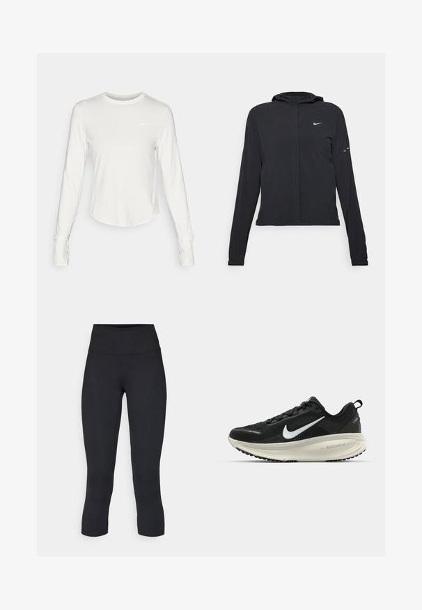 Veste à capuche noire avec des manches longues, fabriquée en matériau léger. Elle comporte une fermeture éclair à l'avant, un logo Nike et des accents de design subtils.; Chemise de sport à manches longues blanche en matériau lisse et léger. Dotée d'un col rond et d'un logo Nike sur la poitrine.; Leggings noirs coupés en tissu extensible, avec une taille haute et une texture lisse, sans motifs ni éléments visibles.; Baskets de course noir Nike avec tige respirante en mesh, logo swoosh blanc, détails texturés et semelle intermédiaire ZoomX de couleur crème.