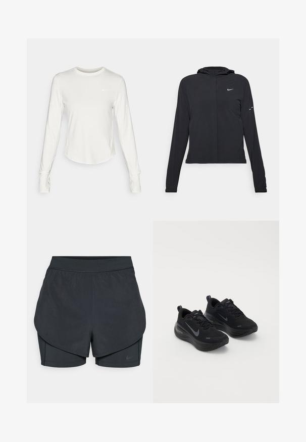 Mustassa hupparissa on pitkät hihat, ja se on valmistettu kevyestä materiaalista. Siinä on edessä vetoketju, Nike-logo ja hillityt muotoiluyksityiskohdat.; Valkoinen pitkähihaisen urheilupaita, joka on valmistettu sileästä, kevyestä materiaalista. Paita on pyöreäkauluksinen ja siinä on Nike-logo rinnassa.; Mustat urheilushortsit kerroksellisella designilla, joissa on sileä ulkopinta ja tiukasti istuvat sisäshortsit. Valmistettu kevyestä, joustavasta kankaasta.; Mustat urheilukengät, joissa on teksturoitu yläosa, nauhakiinnitys ja paksu, pehmustettu pohja. Molemmin puolin on harmaa Nike-logo.
