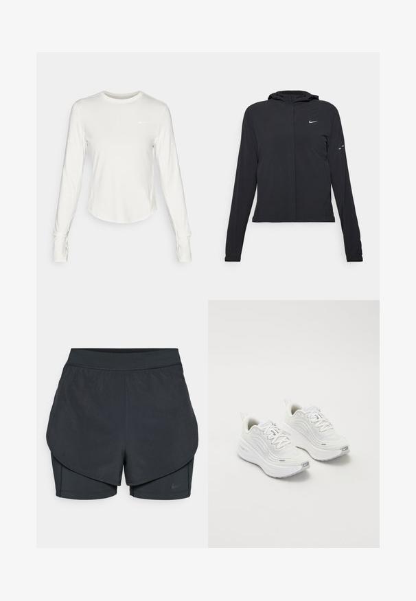 Svart huva jacka med långa ärmar, gjord av lätt material. Har en framdragare, en Nike-logotyp och subtila designelement.; Vit långärmad träningsskjorta gjord av ett mjukt och lätt material. Har en rund halsringning och en Nike-logotyp på bröstet.; Svarta träningsshorts med ett lagerdesign, med ett slätt yttre lager och en åtsittande inre short. Tillverkade av lätt, elastisk tyg.; Vita atletiska skor med en texturerad mesh-övre, dämpad sula och diskreta grå accenter. Inkluderar logotyp och slinga vid hälen för lätt påtagning.