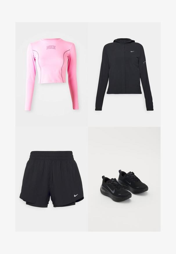 Casaco preto com capuz e mangas longas, feito de material leve. Apresenta um fecho dourado na frente, um logótipo da Nike e detalhes de design subtis.; Top cropped de manga longa rosa feito de tecido elástico. Apresenta uma gola redonda e costuras contrastantes. O logótipo da Nike é bordado no peito.; Calções atléticos pretos com um cós elástico franzido, forro interior e o logótipo da Nike em branco no lado inferior esquerdo. Tecido suave e leve.; Sapatilhas desportivas pretas com um cabedal texturizado, design com atacadores e uma sola grossa e acolchoada. Apresenta um logótipo da Nike em cinza de cada lado.
