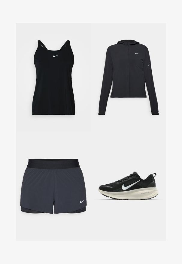 Crna jakna s kapuljačom i dugim rukavima, izrađena od laganog materijala. Ima prednji patentni zatvarač, Nike logo i suptilne dizajnerske detalje.; Crni sportski top s tank naramenicama i bijelim Nike logom. Glatka, lagana tkanina s uskim krojem i bočnim šavovima.; Crne atletske kratke hlače s elastičnom stražnjicom, imaju slojeviti dizajn i mali bijeli Nike logo na donjoj lijevoj strani. Lagani materijal.; Crne Nike trkačke tenisice s prozračnom mrežastom gornjom konstrukcijom, bijelim swoosh logotipom, teksturiranim detaljima i kremastom ZoomX srednjom potplatnom jedinicom.