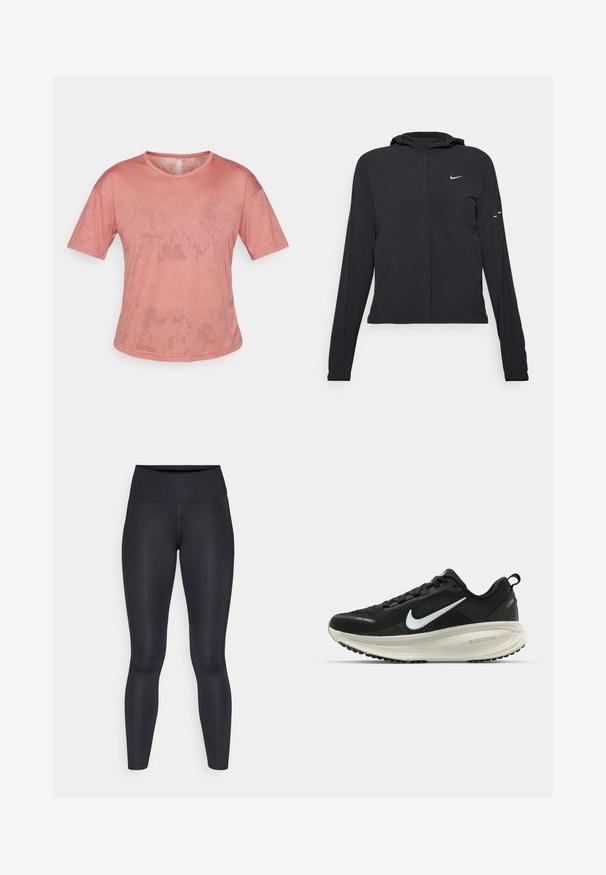 Schwarze Kapuzenjacke mit langen Ärmeln, aus leichtem Material gefertigt. Sie hat einen vorderen Reißverschluss, ein Nike-Logo und dezente Designelemente.; Rosa Kurzarm-T-Shirt aus weichem Stoff. Verfügt über einen runden Ausschnitt und einen lockeren Schnitt, mit dezenten Texturmuster auf der Oberfläche.; Schwarze Leggings aus glattem, dehnbarem Stoff. Hoher Bund ohne sichtbare Muster oder Akzente. Enganliegend von der Taille bis zu den Knöcheln.; Schwarzer Nike-Laufschuh mit atmungsaktivem Mesh-Obermaterial, weißem Swoosh-Logo, strukturierten Details und einer cremefarbenen ZoomX-Zwischensohle.