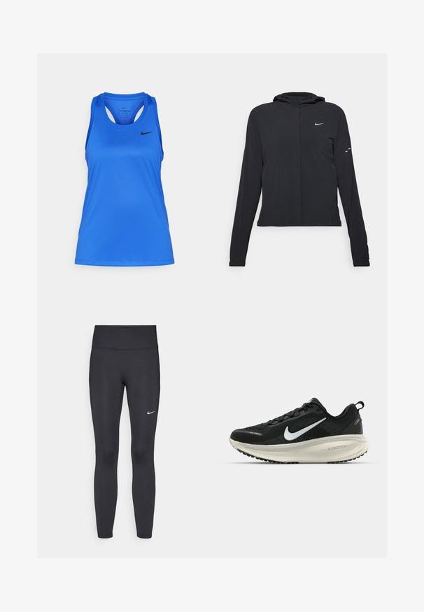 Svart hettegenser med lange ermer, laget av lett materiale. Har glidelås foran, Nike-logo og subtile design detaljer.; Blå treningstopp laget av glatt, fukttransporterende stoff. Har rund halsutringning, racerback-design og en liten svart logo på forsiden.; Sorte leggings laget av elastisk stoff, med høy livlinje og en hvit Nike-logo på venstre lår. Glatt tekstur, kroppsnær passform.; Svart Nike løpesko med pustende mesh-overdel, hvit swoosh-logo, teksturert detaljer og en kremfarget ZoomX mellomsåle.