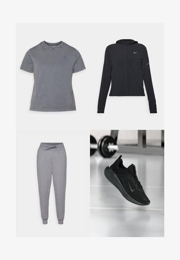 Melnā kapuci jaka ar garām piedurknēm, izgatavota no viegla materiāla. Tam ir priekšējais rāvējslēdzis, Nike logo un smalki dizaina akcenti.; Pelēka kokvilnas T-kreklu ar apaļu kakla izgriezumu, īsām piedurknēm un mazu izšūtu logo uz krūšu daļas. Mīksta tekstūra un ikdienišķs dizains.; Pelēkas, sašaurinātas sporta bikses ar jostu ar auklu, elastīgiem uzmavām un diskrētu Nike logo uz kreisās augšstilba. Mīksts, teksturēts audums.; Melnas sporta kedas ar Nike logo, rādot gaisā uz sporta zāles grīdas, ar izplūdušu hantelēm fona.