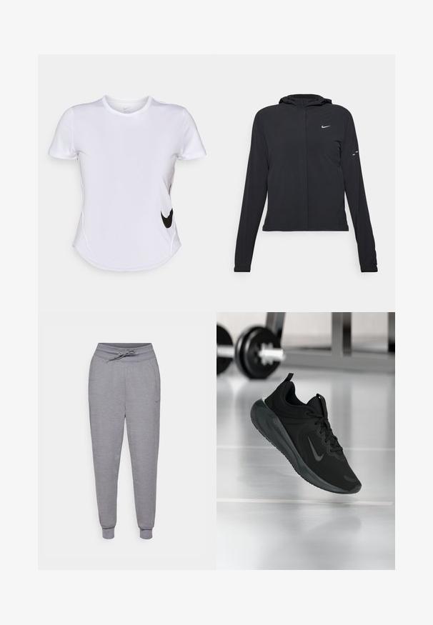 Fekete kapucnis dzseki hosszú ujjakkal, könnyű anyagból készült. Elülső cipzárral, Nike logóval és diszkrét dizájn elemekkel rendelkezik.; Fehér, rövid ujjú sportpóló sima anyagból, fekete Nike logóval a baloldalon és ívelt alsó részes kialakítással.; Szürke, tapered fazonú melegítőnadrág húzózsinórral a derékrészen, elasztikus mandzsettákkal és egy diszkrét Nike logóval a bal combon. Puha, textúrált anyag.; Fekete sportcipő Nike logóval, amely a levegőben látható az edzőterem padlóján, a háttérben elmosódott kézi súlyzó állvánnyal.