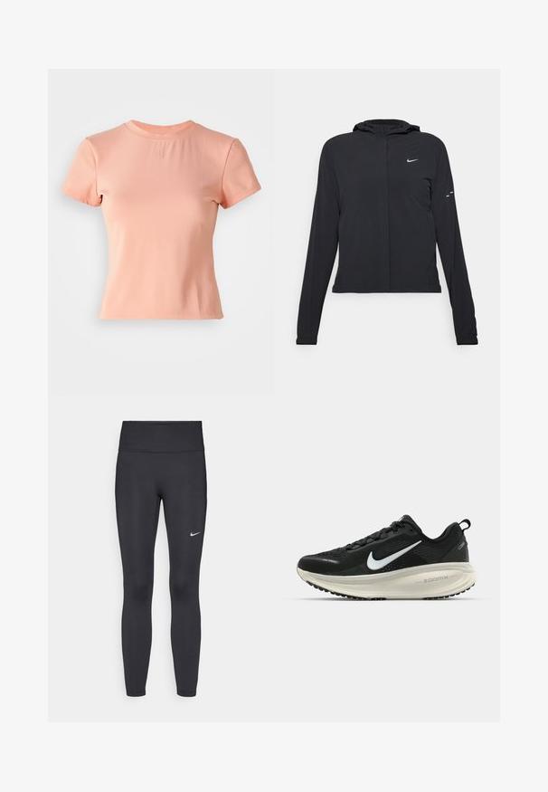 Svart hettegenser med lange ermer, laget av lett materiale. Har glidelås foran, Nike-logo og subtile design detaljer.; Lys rosa, kortermet t-skjorte laget av ribbestrikket stoff. Har rund halslinning og en liten preget logo i midten.; Sorte leggings laget av elastisk stoff, med høy livlinje og en hvit Nike-logo på venstre lår. Glatt tekstur, kroppsnær passform.; Svart Nike løpesko med pustende mesh-overdel, hvit swoosh-logo, teksturert detaljer og en kremfarget ZoomX mellomsåle.