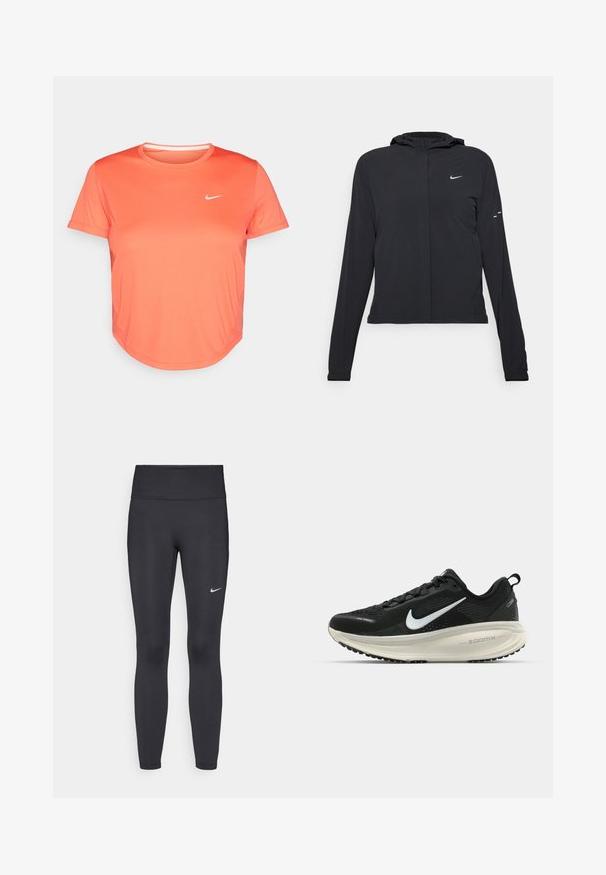 Svart huva jacka med långa ärmar, gjord av lätt material. Har en framdragare, en Nike-logotyp och subtila designelement.; Nike sportströja i ljus korall, tillverkad av mjukt, andningsbart tyg. Har rundad halsringning och korta ärmar med en liten vit logotyp.; Svarta leggings i elastiskt material, med hög midja och en vit Nike-logga på vänster lår. Slät textur, figurnära design.; Svart Nike löparsko med andningsbart mesh-ovandel, vit swoosh-logotyp, texturerad detaljering och en krämfärgad ZoomX-mellansula.