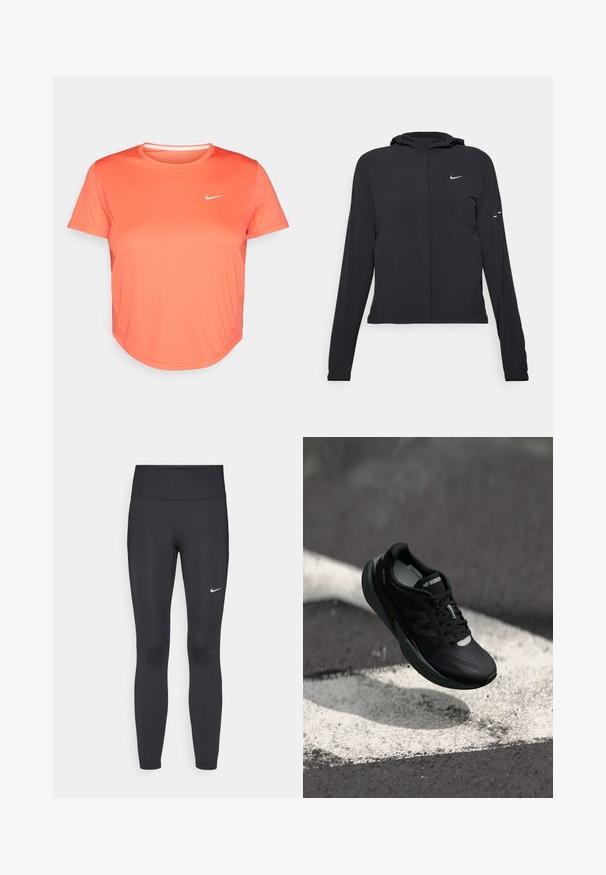 Must musta kapuutsiga jakk, millel on pikad varrukad ja mis on valmistatud kergetest materjalidest. Omab esitaskut, Nike logo ja kergelt silmatorkavaid disainiaktsente.; Nike spordipoliis heledas korallitoonis, valmistatud sujuvast ja hingavast kangast. Omab ümmargust kaelust ja lühikesi varrukaid, millel on väike valge logo.; Mustad mustadest leggingid, mis on valmistatud venivast kangast, kõrge vöökoha ja valge Nike logo abil vasakul reiel. Sile tekstuur, keha järgiv disain.; Mustmustööd mustad jooksujalatsid tekstureeritud pealsed, sujuv disain ja helendavad aktsendid. Omab pehmet, polsterdatud tallat, mis tagab mugavuse.