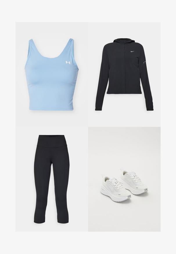 Črna kapuča s dolgimi rokavi, izdelana iz lahkega materiala. Ima sprednji zadrgo, logotip Nike in subtilne oblikovne detajle.; Svetlo modra kratka bluzica, izdelana iz gladkega blaga. Ima širok izrez in tanke naramnice. Vključuje majhen bel logotip na levi prsni strani.; Črne skrajšane legice iz raztegljive tkanine, z visokim pasom in gladko teksturo, brez vidnih vzorcev ali kovinskih delov.; Bele športne čevlje z teksturirano mrežasto zgornjico, oblazinjeno podplatom in subtilnimi sivimi detajli. Vključujejo blagovno znamko in zanko na peti za enostavno obuvanje.