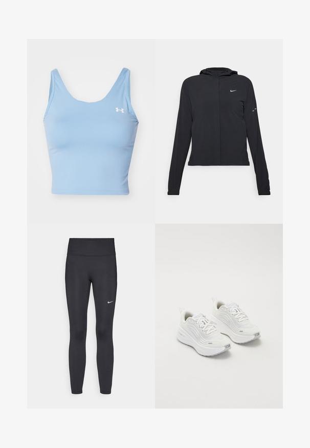 Black hooded jacket with long sleeves, made from lightweight material. Features a front zipper, a Nike logo, and subtle design accents.; Light blue crop top made of smooth fabric. Features a wide scoop neckline and thin straps. Includes a small white logo on the left chest.; Black leggings made of stretchy fabric, featuring a high waistband and a white Nike logo on the left thigh. Smooth texture, form-fitting design.; White athletic shoes with a textured mesh upper, cushioned sole, and subtle grey accents. Includes branding and looped heel tab for easy wear.
