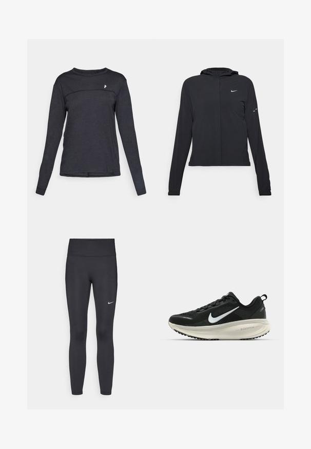 Schwarze Kapuzenjacke mit langen Ärmeln, aus leichtem Material gefertigt. Sie hat einen vorderen Reißverschluss, ein Nike-Logo und dezente Designelemente.; Schwarzes Langarm-T-Shirt mit Rundhalsausschnitt, das ein kleines weißes Logo auf der oberen Brust und eine dezente horizontale Naht über die Vorderseite aufweist.; Schwarze Leggings aus elastischem Stoff, mit einem hohen Bund und einem weißen Nike-Logo auf dem linken Oberschenkel. Glatte Textur, figurbetontes Design.; Schwarzer Nike-Laufschuh mit atmungsaktivem Mesh-Obermaterial, weißem Swoosh-Logo, strukturierten Details und einer cremefarbenen ZoomX-Zwischensohle.