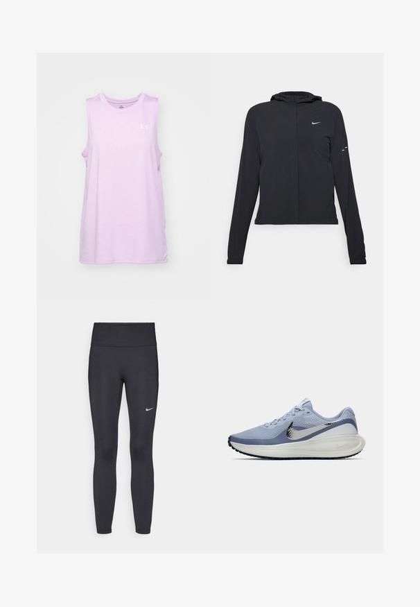 Sort hættetrøje med lange ærmer, lavet af letvægtsmateriale. Har en frontlynlås, et Nike-logo og subtile designaccenter.; Under Armour TANK TWIST - Top - stellar pink/white; Sorte leggings lavet af strækbart stof, med en høj talje og et hvidt Nike-logo på venstre lår. Glat tekstur, tætsiddende design.; Lysblå og hvid Nike løbesko med sølv swoosh, åndbart mesh-overdel, polstret sål og sort yttersålsmønster.