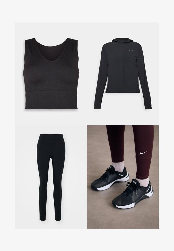 Casaco preto com capuz e mangas longas, feito de material leve. Apresenta um fecho dourado na frente, um logótipo da Nike e detalhes de design subtis.; Top cropped preto com nervuras, com um decote em V e um design justo. O material é elástico, proporcionando um ajuste confortável e uma textura suave.; Leggings pretos feitos de material elástico com uma cintura alta. Textura suave, design ajustado e sem adornos ou padrões visíveis.; Ténis atléticos pretos com um upper texturizado e detalhes brancos, apresentando atacadores e um logo lateral. Usados com leggings cor-de-vinho e meias claras.