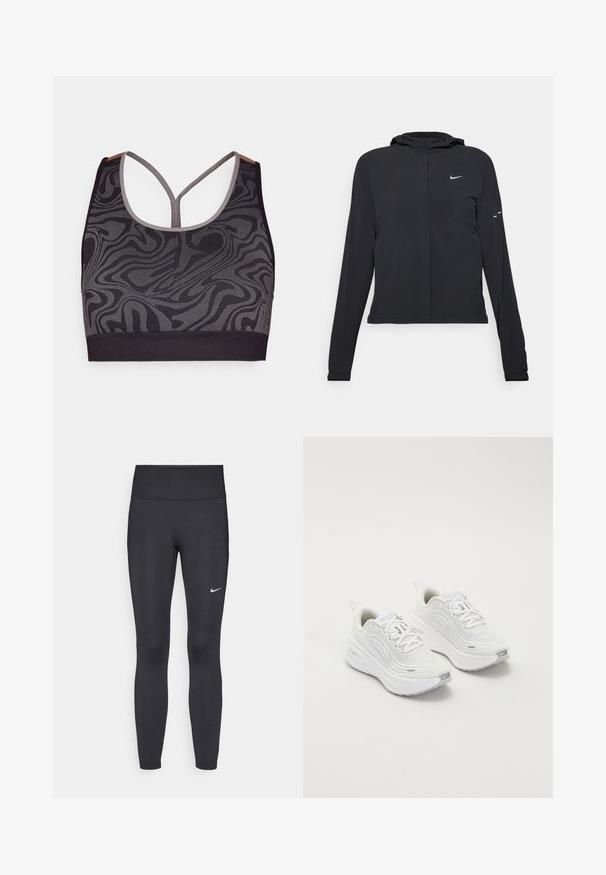 Black hooded jacket with long sleeves, made from lightweight material. Features a front zipper, a Nike logo, and subtle design accents.; Black sports bra with gray swirling pattern, featuring a scoop neckline and racerback design. Made of textured knit fabric.; Black leggings made of stretchy fabric, featuring a high waistband and a white Nike logo on the left thigh. Smooth texture, form-fitting design.; White athletic shoes with a textured mesh upper, cushioned sole, and subtle grey accents. Includes branding and looped heel tab for easy wear.