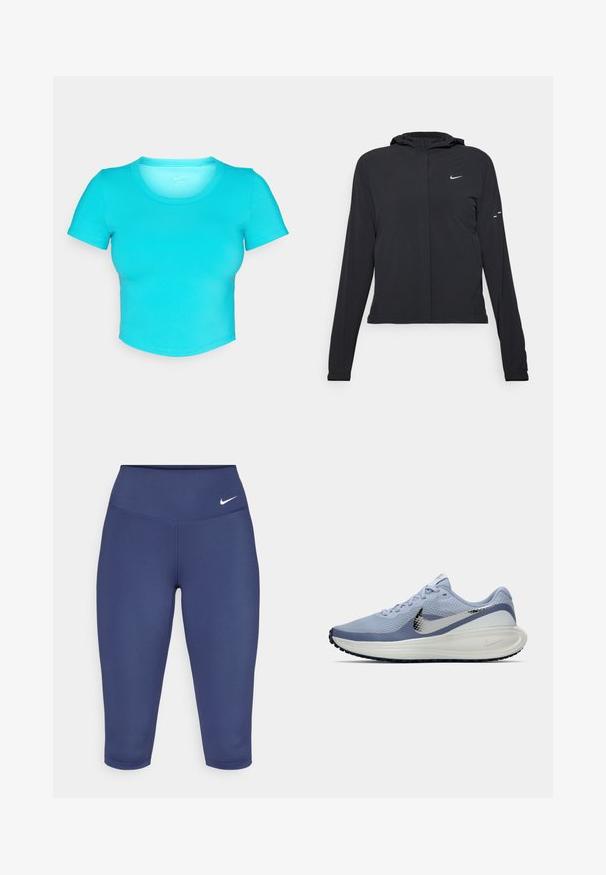 Črna kapuča s dolgimi rokavi, izdelana iz lahkega materiala. Ima sprednji zadrgo, logotip Nike in subtilne oblikovne detajle.; Turkizna skrajšana majica iz gladkega, elastičnega materiala. Ima kratke rokave in okrogel izrez z čistimi šivi.; Mornarsko modre capri leggins hlače iz raztegljive tkanine, z širokim pasom in malim belim logotipom na levi strani. Brez vidnih šivov.; Svetlo modra in bela tekaška čevlja Nike s srebrnim logotipom swoosh, zračnim mrežastim zgornjim delom, oblazinjenim podplatom in črnim podplatom.