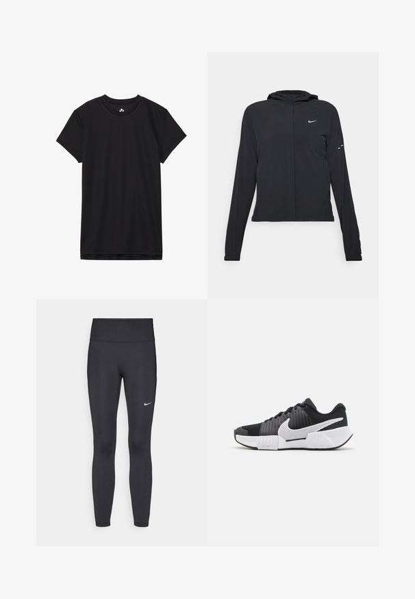 Must musta kapuutsiga jakk, millel on pikad varrukad ja mis on valmistatud kergetest materjalidest. Omab esitaskut, Nike logo ja kergelt silmatorkavaid disainiaktsente.; Must mustaga t-särk pehmest kangast, ringkaelusega ja tavalise lõikega. Ei mingeid nähtavaid mustreid ega aktsente.; Mustad mustadest leggingid, mis on valmistatud venivast kangast, kõrge vöökoha ja valge Nike logo abil vasakul reiel. Sile tekstuur, keha järgiv disain.; Mustvalged mustvalged spordijalatsid struktuurse pealsega, silmapaistev Nike’i logo ja kontrastne talladisain paremaks haardeks ja stabiilsuseks.