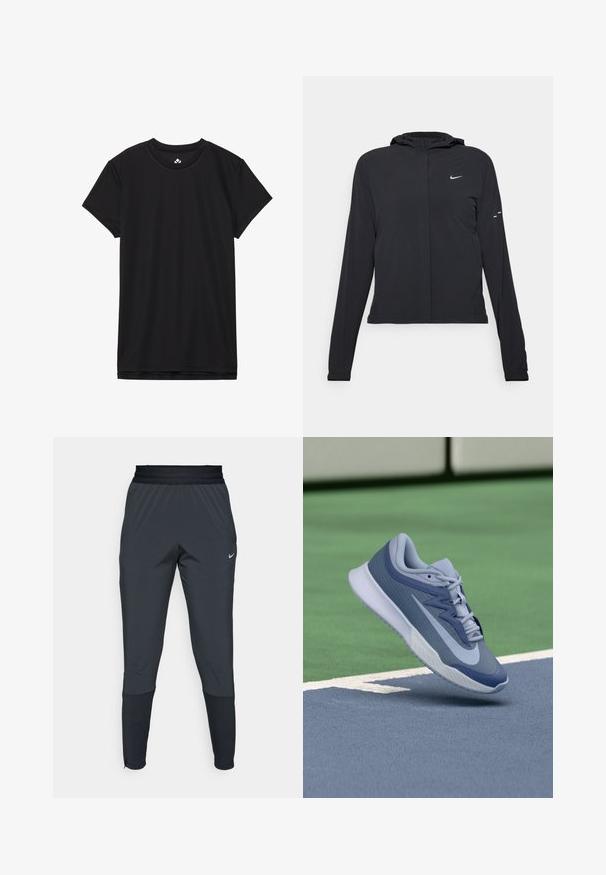 Svart hettegenser med lange ermer, laget av lett materiale. Har glidelås foran, Nike-logo og subtile design detaljer.; Svart kortermet t-skjorte laget av myk stoff, med rund hals og standard passform. Ingen synlige mønstre eller detaljer.; Nike treningsbukser i mørkegrå, med en tapered ben design, elastisk midjebånd og detaljert dekorasjon nær mansjettene.; Sportssko i lyseblå og marineblå, med en teksturert overdel, flate lisser og en lett hvit såle. Hevet over en baneflate.