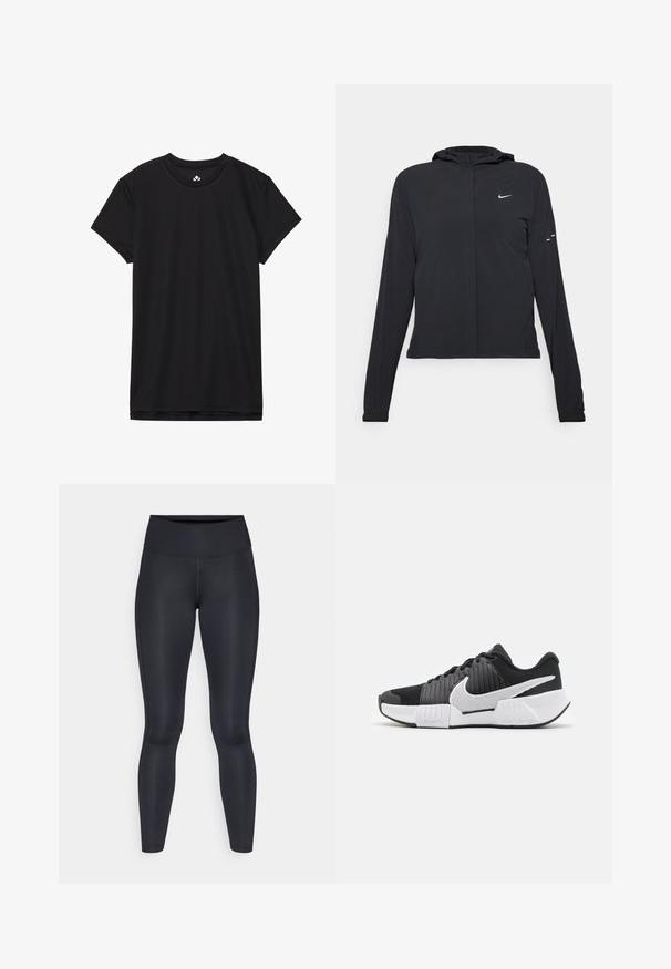 Must musta kapuutsiga jakk, millel on pikad varrukad ja mis on valmistatud kergetest materjalidest. Omab esitaskut, Nike logo ja kergelt silmatorkavaid disainiaktsente.; Must mustaga t-särk pehmest kangast, ringkaelusega ja tavalise lõikega. Ei mingeid nähtavaid mustreid ega aktsente.; Mustad mustad, mis on valmistatud siledast ja venivast kangast. Kõrge vöökoht, ilma nähtavate mustrite või aksessuaarideta. Sobivad tihedalt puusadelt kuni pahkluuni.; Mustvalged mustvalged spordijalatsid struktuurse pealsega, silmapaistev Nike’i logo ja kontrastne talladisain paremaks haardeks ja stabiilsuseks.