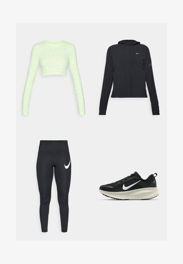 Svart hettegenser med lange ermer, laget av lett materiale. Har glidelås foran, Nike-logo og subtile design detaljer.; Lys grøn langermet crop top med «NIKE PRO»-tekstmønster over hele. Tett passform, glatt tekstur, rund halslinning og stramme ermer.; Sorte høyhåndte treningslegginger med en hvit Nike swoosh-logo på den øvre venstre låret mot en hvit bakgrunn.; Svart Nike løpesko med pustende mesh-overdel, hvit swoosh-logo, teksturert detaljer og en kremfarget ZoomX mellomsåle.