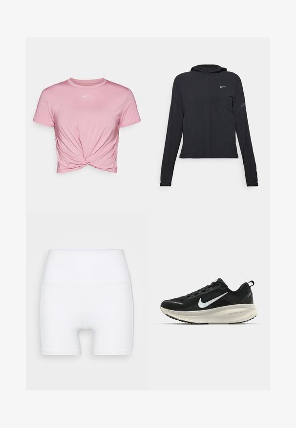 Chaqueta negra con capucha y mangas largas, hecha de un material ligero. Presenta un cierre frontal, un logo de Nike y acentos de diseño sutiles.; Nike Performance ONE CLASSIC - Camiseta deportiva - elemental pink/black; Shorts blancos de talle alto confeccionados en tejido elástico. Presentan una textura suave y un diseño ajustado, sin patrones ni herrajes adicionales.; Zapatilla de running Nike negra con parte superior de malla transpirable, logo Swoosh blanco, detalles texturizados y una entresuela ZoomX de color crema.