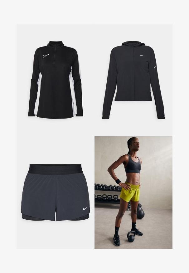 Casaco preto com capuz e mangas longas, feito de material leve. Apresenta um fecho dourado na frente, um logótipo da Nike e detalhes de design subtis.; Camisola Nike de manga longa preta com colarinho de meio fecho, painéis laterais brancos em contraste e logótipo no peito, feita de tecido liso e elástico.; Calças curtas de atletismo pretas com um cós elástico, apresentando um design em camadas e um pequeno logótipo da Nike em branco no canto inferior esquerdo. Material leve.; Sutiã desportivo preto, calções amarelos brilhantes com cintura elástica, sapatos de atletismo pretos e pulseiras, de pé ao lado de kettlebells.