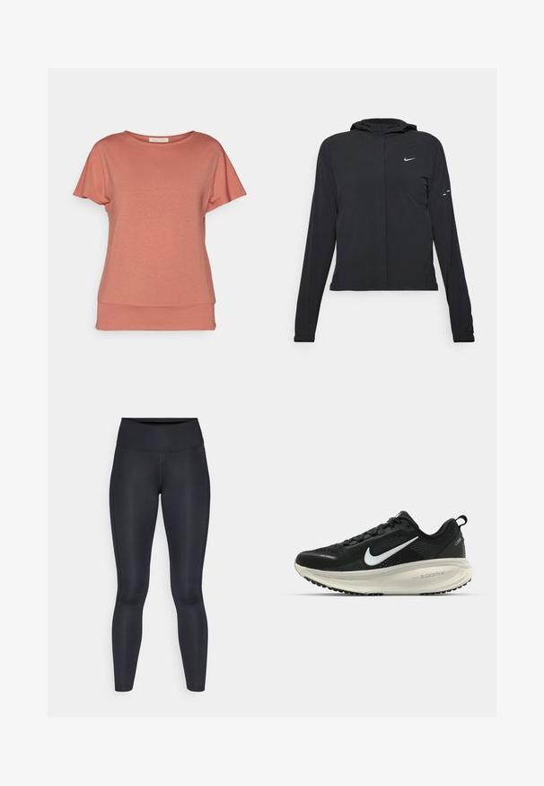 Jachetă neagră cu glugă, cu mâneci lungi, fabricată din material ușor. Dispune de un fermoar frontal, un logo Nike și accente de design subtile.; Yogasearcher MEDE - Tricou basic - cedar; Leggings negre dintr-un material neted și elastic. Talie înaltă fără modele sau accente vizibile. Se potrivesc strâns de la talie până la glezne.; Pantofii de alergare negri de la Nike, cu parte superioară din plasă respirabilă, logo-ul alb Swoosh, detalii texturate și o talpă intermediară ZoomX de culoare crem.