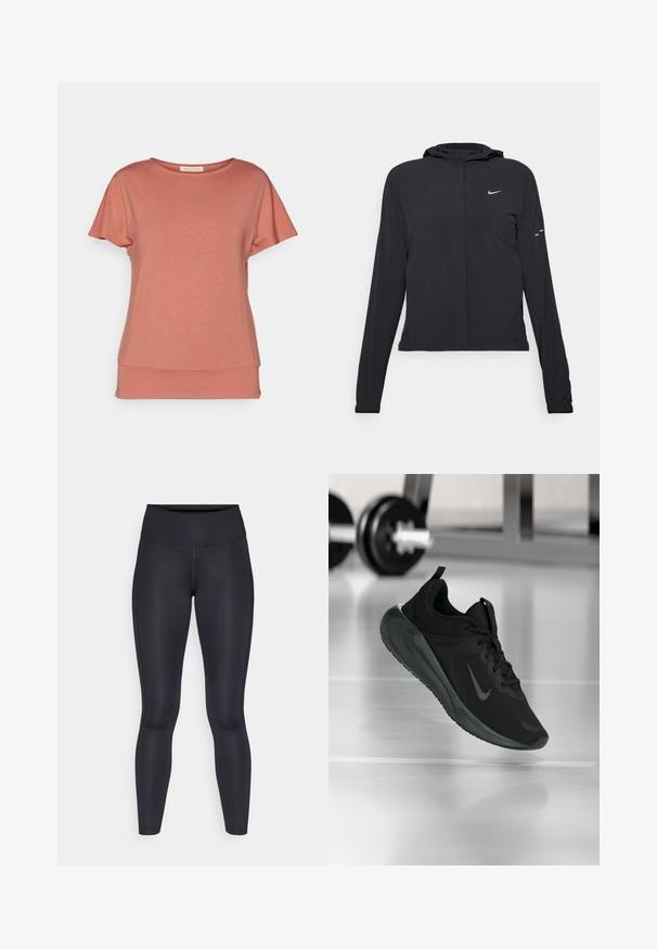 Črna kapuča s dolgimi rokavi, izdelana iz lahkega materiala. Ima sprednji zadrgo, logotip Nike in subtilne oblikovne detajle.; Yogasearcher MEDE - Navadna majica - cedar; Črne legice narejene iz gladkega, elastičnega materiala. Visok pas brez vidnih vzorcev ali dodatkov. Tesno se prilegajo od pasu do gležnjev.; Črne športne teniske z logotipom Nike, prikazane v zraku na telovadni talni površini, v ozadju pa zamegljena vrsta uteži.