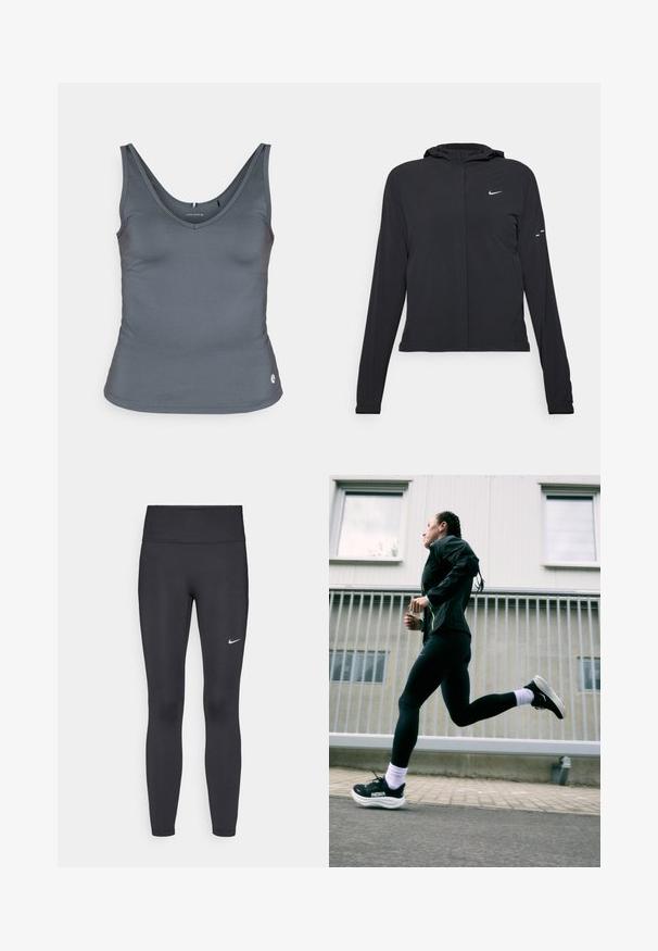 Svart hettegenser med lange ermer, laget av lett materiale. Har glidelås foran, Nike-logo og subtile design detaljer.; Björn Borg ACE DEEP V TANK - Topper - urban chic; Sorte leggings laget av elastisk stoff, med høy livlinje og en hvit Nike-logo på venstre lår. Glatt tekstur, kroppsnær passform.; Svart idrettsjakke med neonlys, svarte tights og svarte joggesko med hvite såler, satt mot en lys grå bakgrunn.