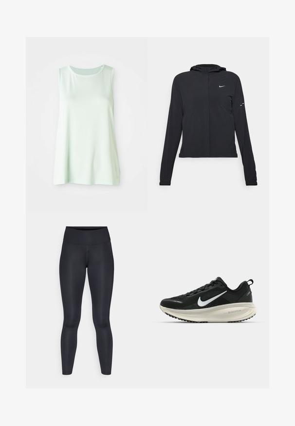 Black hooded jacket with long sleeves, made from lightweight material. Features a front zipper, a Nike logo, and subtle design accents.; Light green sleeveless top made of breathable mesh fabric, featuring a round neckline and loose fit for comfort and movement.; Black leggings made of smooth, stretchy fabric. High waist with no visible patterns or accents. Fit closely from waist to ankles.; Black Nike running shoe with breathable mesh upper, white swoosh logo, textured detailing, and a cream-colored ZoomX midsole.