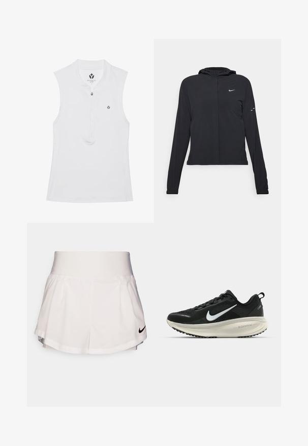 Chaqueta negra con capucha y mangas largas, hecha de un material ligero. Presenta un cierre frontal, un logo de Nike y acentos de diseño sutiles.; Top atlético sin mangas de color blanco con cuello alto, medio cierre y un pequeño logotipo en el pecho. Textura suave y diseño ajustado.; Nike Performance SHORT - Pantalón corto de deporte - white/black; Zapatilla de running Nike negra con parte superior de malla transpirable, logo Swoosh blanco, detalles texturizados y una entresuela ZoomX de color crema.