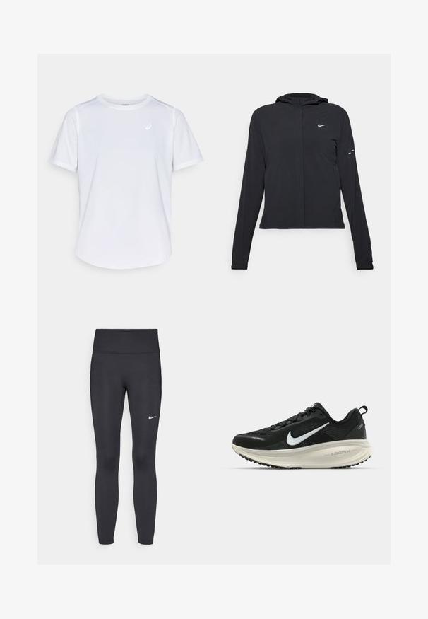 Must musta kapuutsiga jakk, millel on pikad varrukad ja mis on valmistatud kergetest materjalidest. Omab esitaskut, Nike logo ja kergelt silmatorkavaid disainiaktsente.; Valge spordit-särk, lühikeste varrukatega, ümmarguse kaelusega, valmistatud niiskust imavast kangast, rinnal väikese logoga, kerge tekstuur.; Mustad mustadest leggingid, mis on valmistatud venivast kangast, kõrge vöökoha ja valge Nike logo abil vasakul reiel. Sile tekstuur, keha järgiv disain.; Musthave mustus Nike jooksujalats, millel on hingav võrgust ülemine osa, valge swoosh logo, tekstuuriga detailid ja kreemja värvusega ZoomX vahevöö.