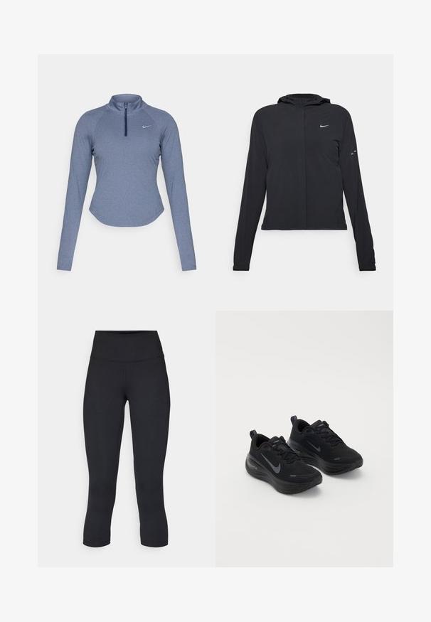 Melnā kapuci jaka ar garām piedurknēm, izgatavota no viegla materiāla. Tam ir priekšējais rāvējslēdzis, Nike logo un smalki dizaina akcenti.; Garās piedurknes, ar rāvējslēdzēju, sportiskais tops no heathered zilo audumu ar augsto apkakli un diskrētu Nike logo kreisajā krūtī.; Melnas apgrieztas legingi, izgatavoti no elastīga auduma, ar augstu jostasvietu un gludu tekstūru, bez redzamām rakstu vai aksesuāriem.; Melnas sporta kurpes ar teksturētu augšdaļu, saišu dizainu un biezu, mīkstu zoli. Katras malas ir pelēks Nike logo.