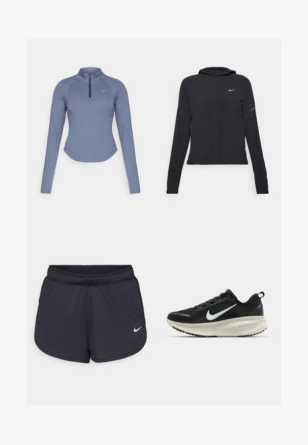 Must musta kapuutsiga jakk, millel on pikad varrukad ja mis on valmistatud kergetest materjalidest. Omab esitaskut, Nike logo ja kergelt silmatorkavaid disainiaktsente.; Pika-varrukatega, lukuga sporditop helesinises heegeldatud kangas, millel on näo krae ja tagasihoidlik Nike logo vasakul rinnal.; Mustad mustikud mustad lühikesed püksid, mis on valmistatud kerge ja hingava kangaga. Omab elastset vööd ja valget Nike logo alumises paremas nurgas.; Musthave mustus Nike jooksujalats, millel on hingav võrgust ülemine osa, valge swoosh logo, tekstuuriga detailid ja kreemja värvusega ZoomX vahevöö.