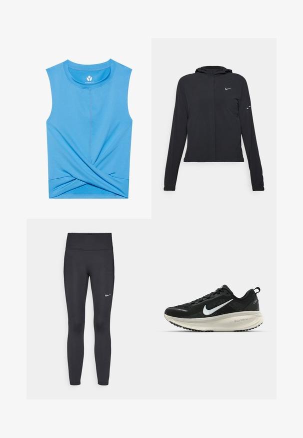 Must musta kapuutsiga jakk, millel on pikad varrukad ja mis on valmistatud kergetest materjalidest. Omab esitaskut, Nike logo ja kergelt silmatorkavaid disainiaktsente.; Sinine ilma varrukateta topp pehmest materjalist, millel on keerutatud disain all, ümmargune kaelus ja lamedad õmblused mugavuse tagamiseks.; Mustad mustadest leggingid, mis on valmistatud venivast kangast, kõrge vöökoha ja valge Nike logo abil vasakul reiel. Sile tekstuur, keha järgiv disain.; Musthave mustus Nike jooksujalats, millel on hingav võrgust ülemine osa, valge swoosh logo, tekstuuriga detailid ja kreemja värvusega ZoomX vahevöö.