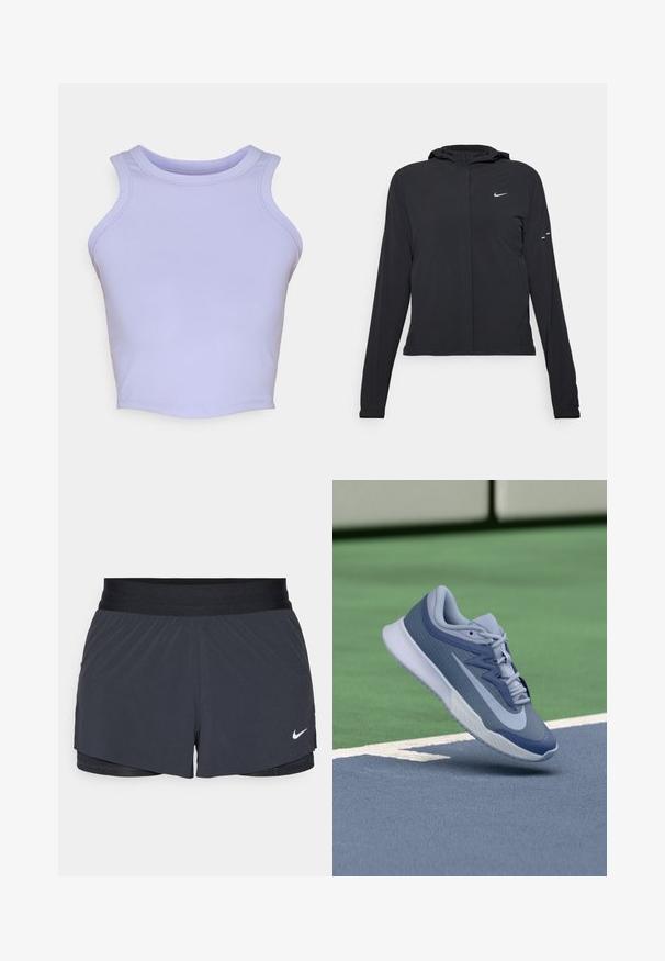 Melnā kapuci jaka ar garām piedurknēm, izgatavota no viegla materiāla. Tam ir priekšējais rāvējslēdzis, Nike logo un smalki dizaina akcenti.; Gaiši purpura bez piedurknēm drēbīte īsā topā, kas izgatavota no elastīga auduma. Iekļauj noapaļotu apkakli un gludas, bezšuvju malas.; Melnas sporta šortus ar elastīgu jostu, ar slāņotu dizainu un mazu balto Nike logo apakšējā kreisajā stūrī. Viegls materiāls.; Sporta apavi gaiši zilā un tumši zilā krāsā, ar strukturētu augšējo daļu, plakanu šņoru un vieglu balto zoli. Novietoti virs laukuma virsmas.