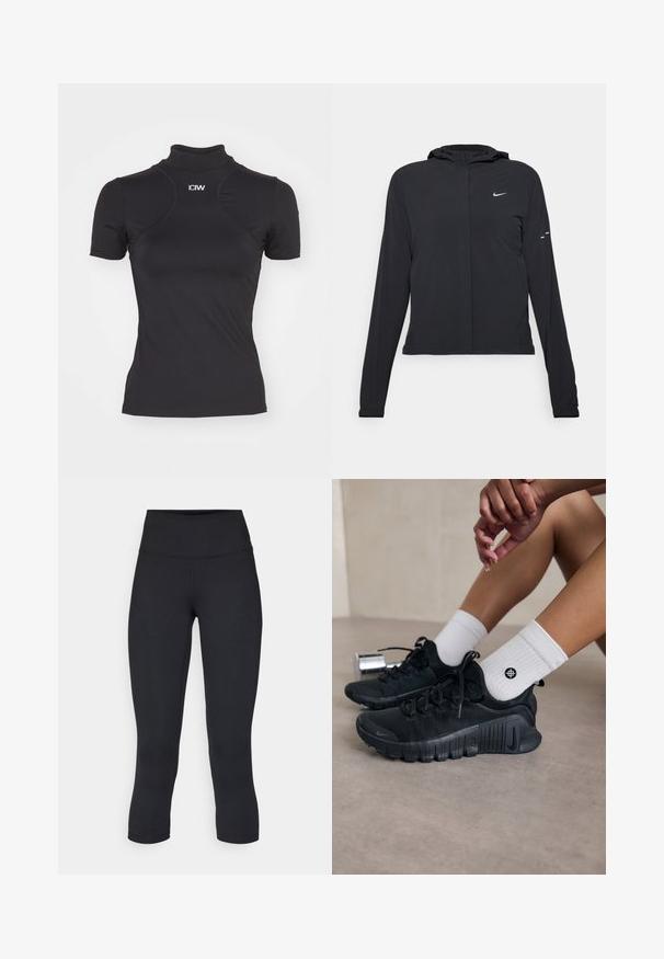 Juodas gobtuvas striukė su ilgomis rankovėmis, pagaminta iš lengvo audinio. Pasižymi priekiniais užtrauktukais, Nike logotipu ir subtiliais dizaino akcentais.; Juoda trumpa rankovė viršūnė su aukštu apykaklė. Lygus, tamprus audinys su siūlių detalėmis. Priekyje yra baltas "ICIW" logotipas.; Juodos apkarpytos legginsai, pagaminti iš tamprios medžiagos, su aukšta juosmens linija ir glotnia tekstūra, be matomų raštų ar detalių.; Juodi sportiniai bateliai su tekstūruota medžiaga, raištelių dizainu ir ryškiu padu, derinami su baltais raukšlėtais kojiniais, turinčiais mažą logotipą.