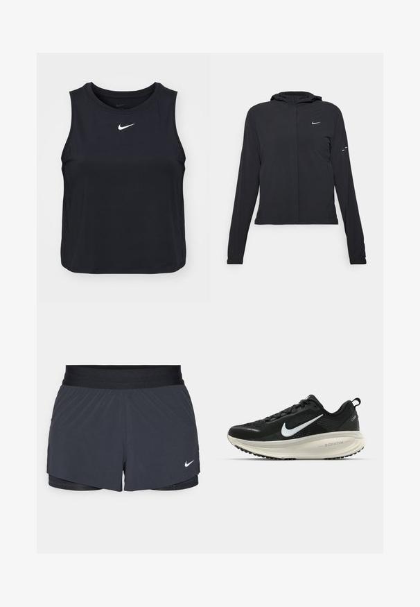 Jachetă neagră cu glugă, cu mâneci lungi, fabricată din material ușor. Dispune de un fermoar frontal, un logo Nike și accente de design subtile.; Tricou sportiv fără mâneci, de culoare neagră, realizat dintr-un material neted; are un guler rotund și un mic logo Nike alb pe piept.; Shorts atletici negri, cu un elastic la talie, având un design stratificat și un mic logo alb Nike în partea stângă jos. Material ușor.; Pantofii de alergare negri de la Nike, cu parte superioară din plasă respirabilă, logo-ul alb Swoosh, detalii texturate și o talpă intermediară ZoomX de culoare crem.