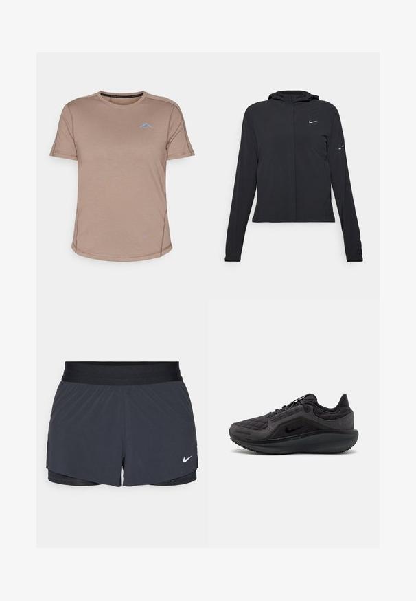 Casaco preto com capuz e mangas longas, feito de material leve. Apresenta um fecho dourado na frente, um logótipo da Nike e detalhes de design subtis.; Camisa atlética de manga curta, castanha clara, com decote redondo, detalhe do logótipo azul, costuras planas e textura de tecido respirável.; Calças curtas de atletismo pretas com um cós elástico, apresentando um design em camadas e um pequeno logótipo da Nike em branco no canto inferior esquerdo. Material leve.; Sapatilha atlética preta com parte superior acolchoada, detalhes texturizados e sola acolchoada. Apresenta um logótipo Nike proeminente e uma sola durável.