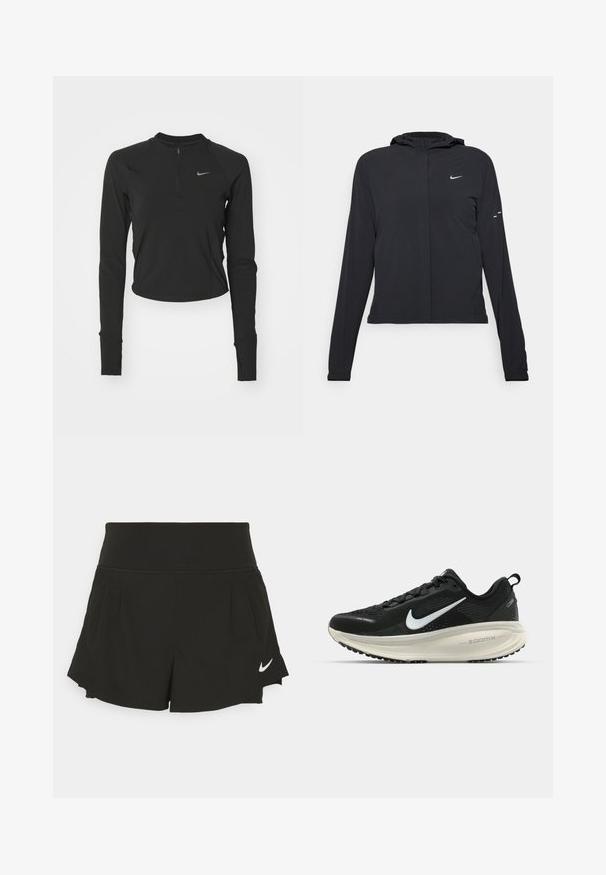 Zwarte kaptrui met lange mouwen, gemaakt van lichtgewicht materiaal. Voorzien van een ritssluiting aan de voorkant, een Nike-logo en subtiele ontwerpelementen.; Nike Performance RUN - Longsleeve - black; Zwarte sportshorts met een brede tailleband, geplooide details, gebogen zoom en een wit Nike-logo aan de onderzijde rechts.; Zwarte Nike hardloopschoen met ademend mesh bovenwerk, witte swoosh-logo, gestructureerde details en een crèmekleurige ZoomX middenzool.