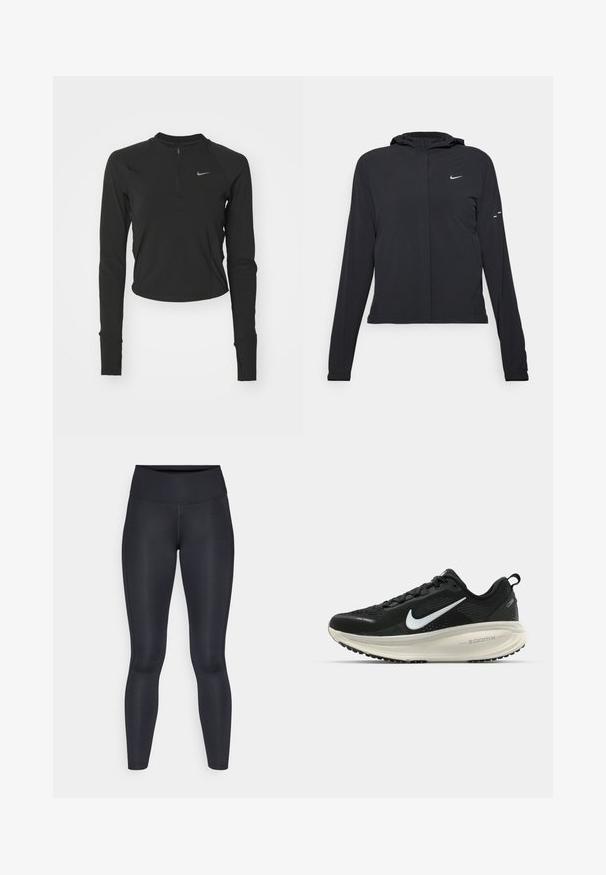Juodas gobtuvas striukė su ilgomis rankovėmis, pagaminta iš lengvo audinio. Pasižymi priekiniais užtrauktukais, Nike logotipu ir subtiliais dizaino akcentais.; Nike Performance RUN - Ilgarankovis viršutinės dalies drabužis - black; Juodos leggingos, pagamintos iš lygios, tamprios medžiagos. Aukštas liemuo, be matomų raštų ar akcentų. Tvirtai priglunda prie kūno nuo liemens iki kulkšnies.; Juodas Nike sportinis batelis su kvėpuojančiu tinklu, baltu swoosh logotipu, tekstūruoto dizaino detalėmis ir grietinėlės spalvos ZoomX viduriu.