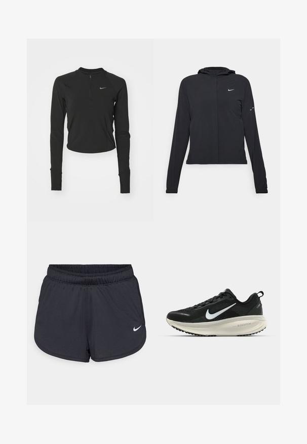 Črna kapuča s dolgimi rokavi, izdelana iz lahkega materiala. Ima sprednji zadrgo, logotip Nike in subtilne oblikovne detajle.; Nike Performance RUN - Majica z dolgimi rokavi - black; Črne športne hlače iz lahkega, zračnega materiala. Imajo elastični pas in belo Nike logotip na spodnji desni strani.; Črne Nike tekaške čevlje z zračno mrežno zgornjim delom, belim logotipom Swoosh, teksturiranimi detajli in smetanasto barvnim srednjim delom ZoomX.