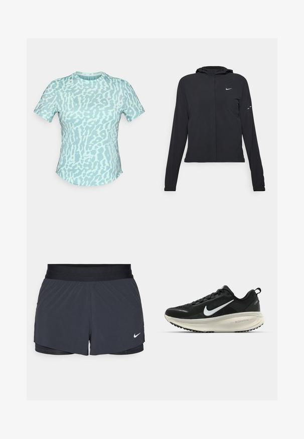 Sort hættetrøje med lange ærmer, lavet af letvægtsmateriale. Har en frontlynlås, et Nike-logo og subtile designaccenter.; Lyseblå t-shirt med korte ærmer og et mønstret design i varierende nuancer. Rund halsudskæring, blød tekstur og afslappet pasform.; Sort træningsshorts med elastisk talje, der har et lagdelt design og et lille hvidt Nike-logo nederst til venstre. Letvægtsmateriale.; Sort Nike løbesko med åndbart mesh-overdel, hvidt swoosh-logo, tekstureret detaljering og en cremede ZoomX mellemsål.