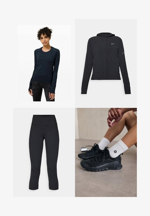Jachetă neagră cu glugă, cu mâneci lungi, fabricată din material ușor. Dispune de un fermoar frontal, un logo Nike și accente de design subtile.; Top sportiv lung cu mânecă lungă, de culoare albastru închis, cu decolteu rotund, având mâneci raglan și orificii pentru degete. Material neted cu un design ajustat.; Leggings negre scurte, fabricate dintr-un material elastic, având o talie înaltă și o textură netedă, fără modele sau accesorii vizibile.; Pantofi sport negri din material texturat, cu un design cu sireturi și o talpă proeminentă, asortați cu șosete albe cu model cu nervuri, având un mic logo.