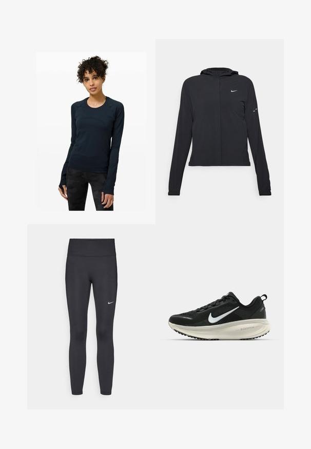 Giacca nera con cappuccio e maniche lunghe, realizzata in materiale leggero. Presenta una zip frontale, il logo Nike e accenti di design sottili.; Maglia sportiva a maniche lunghe blu navy scuro con scollatura rotonda, con maniche raglan e aperture per i pollici. Tessuto liscio con un design aderente.; Leggings neri realizzati in tessuto elasticizzato, con una vita alta e un logo Nike bianco sulla coscia sinistra. Tessuto liscio, design aderente.; Scarpa da corsa nera Nike con tomaia in rete traspirante, logo Swoosh bianco, dettagli testurizzati e intersuola ZoomX di colore crema.